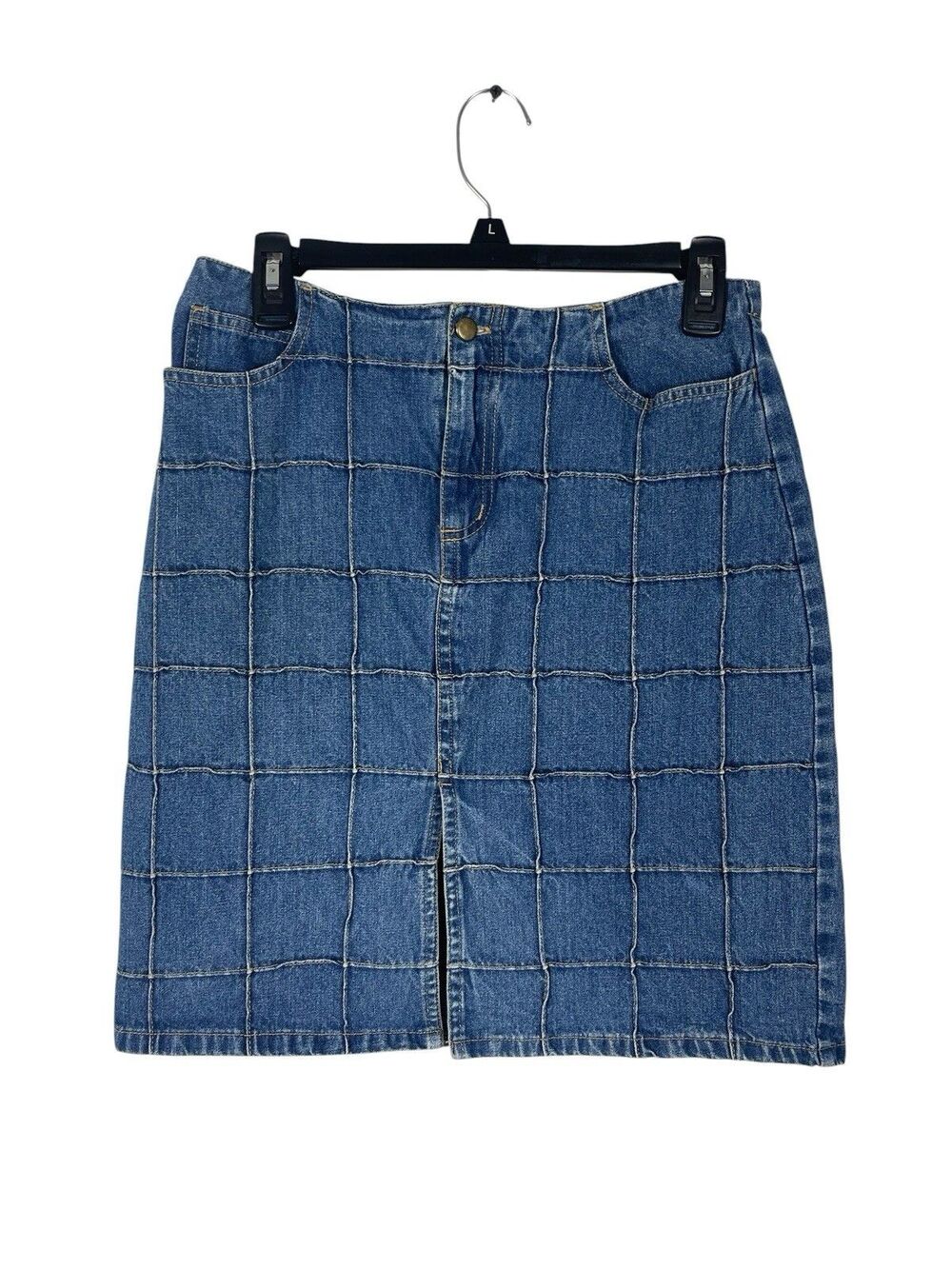 Y2K VTG Jazzie Denim Mini Skirt Blue Plaid Grid Patch Print High Rise Cotton M
